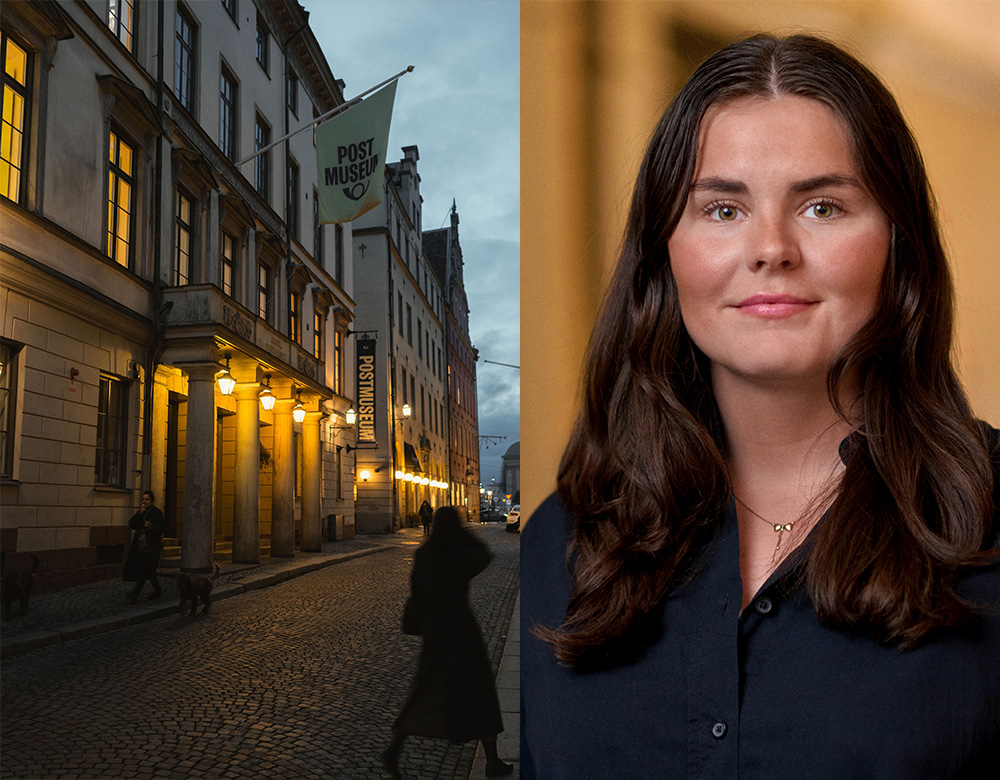 Kväll på Lilla Nygatan 6 utanför Postmuseum och en bild på medarbetaren Alice